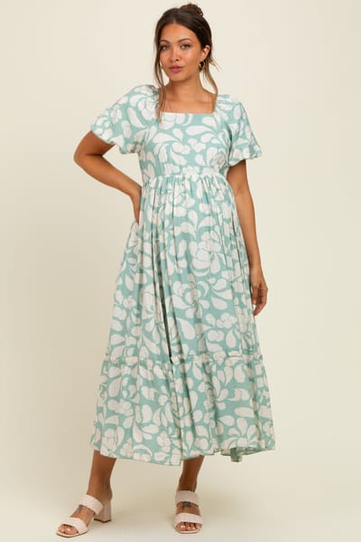 Polagram Sage Printed Square Neck Bubble Sleeve Maternity Maxi Dress