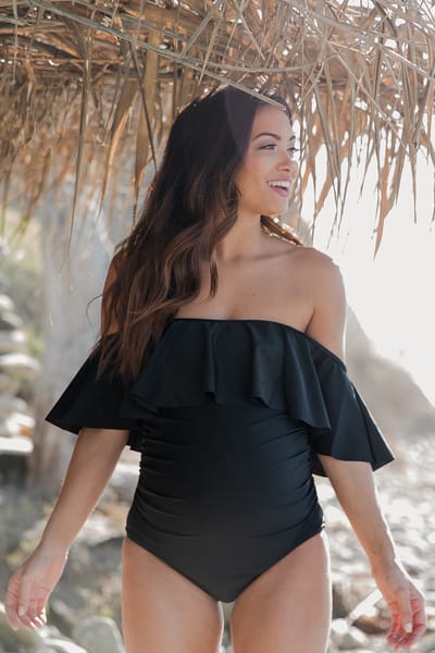 PinkBlush Black Ruffle Trim Ruched One-Piece Maternity Swimsuit