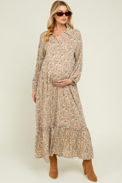Rhea + Thea Mustard Floral Long Sleeve Button Down Collared Maternity Maxi Dress