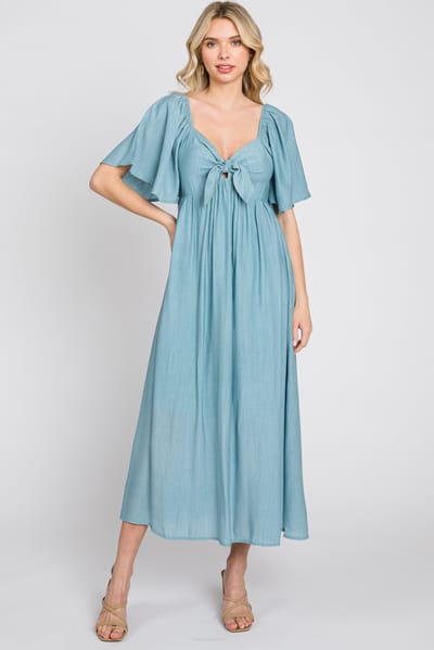 Lime N Chili Blue Front Tie Ruffle Sleeve Midi Dress