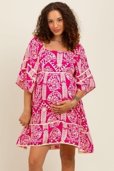 PinkBlush Fuchsia Printed Tie Back Contrast Trim Maternity Dress
