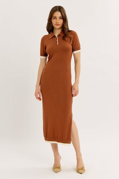 Idem Ditto Camel Sweater Side Slit Midi Dress