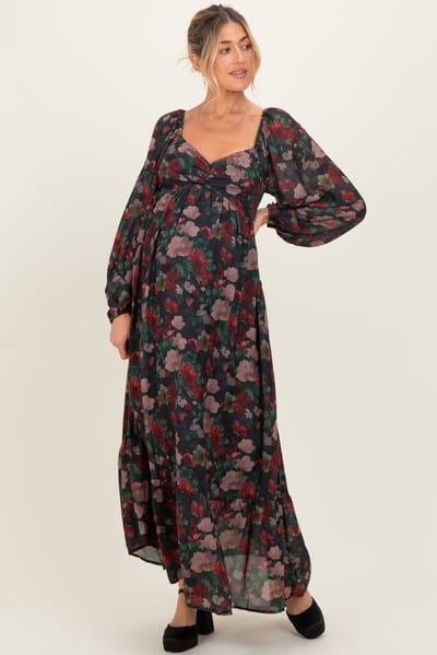 In February Black Floral Long Balloon Sleeve Sweetheart Neck Maternity Maxi Dress