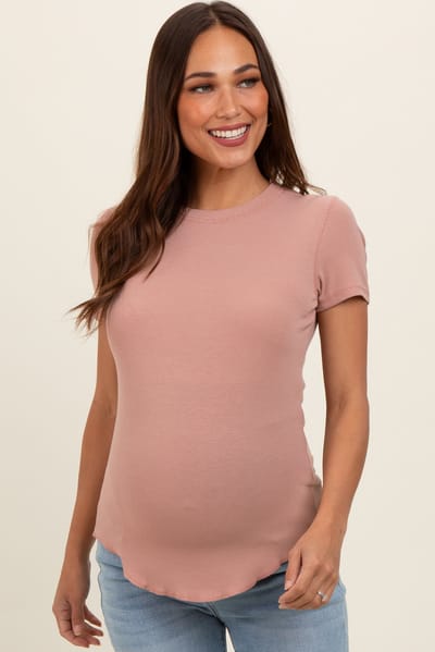 PinkBlush Light Pink Ribbed Short Sleeve Curved Hem Maternity Top
