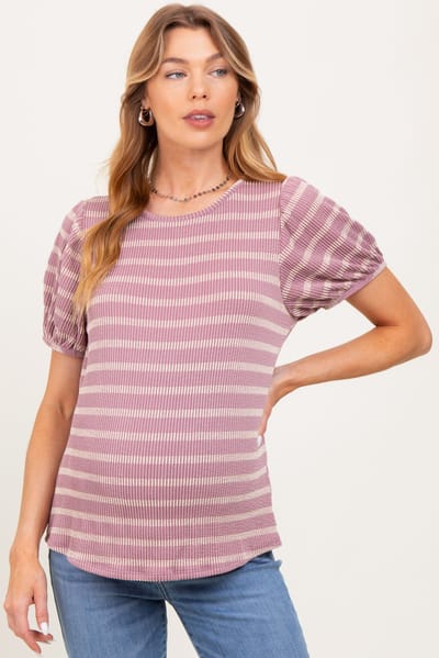 Mitto Pink Textured Knit Striped Puff Sleeve Maternity Top