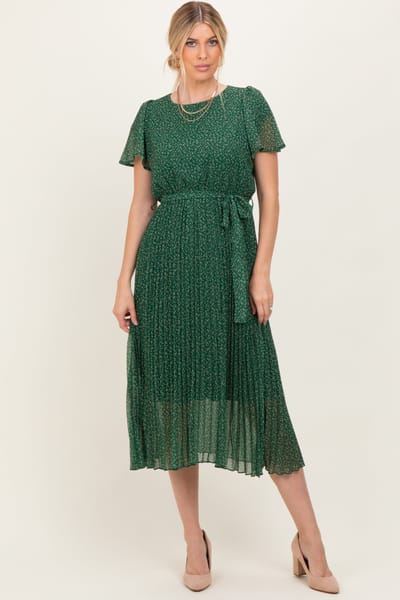 Polagram Forest Green Leaf Print Pleated Midi Dress