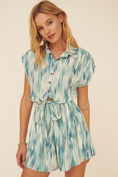 Promesa Blue Abstract Collared Button Front Self Tie Romper