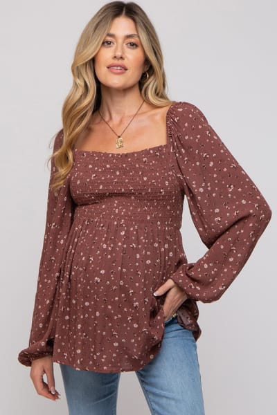 Hello Miz Brown Floral Smocked Long Sleeve Maternity Top