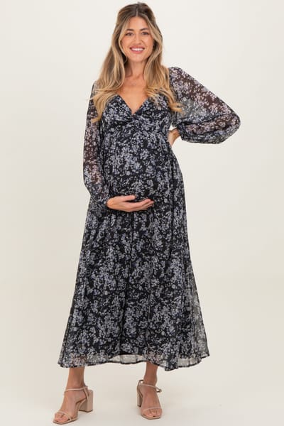 In February Black Floral Chiffon Twisted Front Maternity Midi Dress