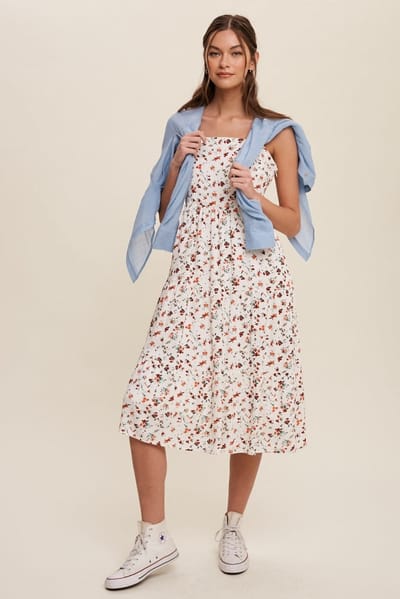 Listicle Orange Floral Print Square Neck A-Line Skirt Midi Dress