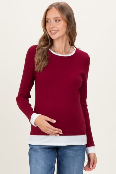 Rhea + Thea Burgundy Ribbed Long Sleeve Double Layer Maternity Top