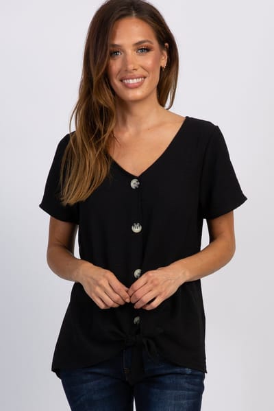 FSL APPAREL Black Button Tie Front Top