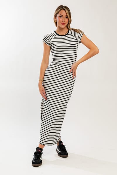 Le Lis White Black Striped Side Slit Fitted Maxi Dress