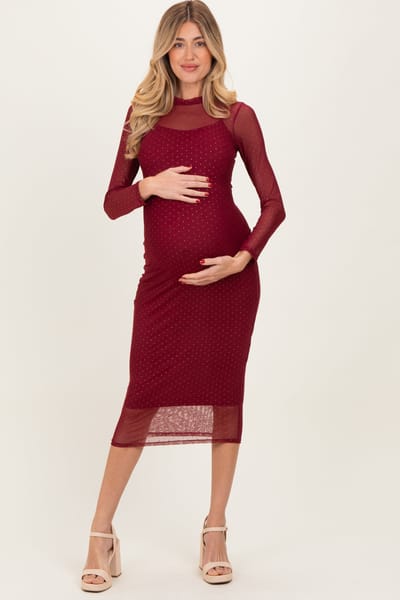 Blue S Burgundy Printed Mesh Long Sleeve Maternity Midi Dress