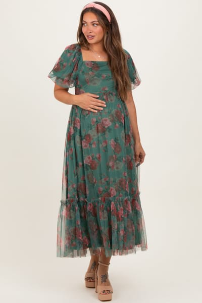 Polagram Forest Green Rose Print Tulle Overlay Maternity Midi Dress