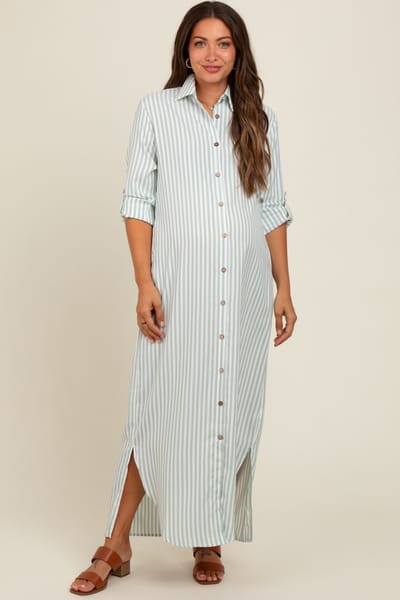 PinkBlush Light Olive Striped Button Down Maternity Maxi Dress