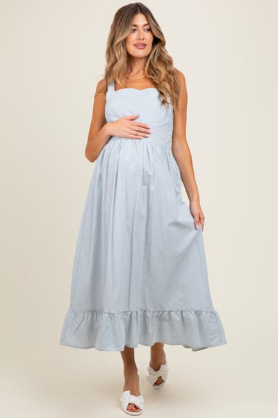 In Loom Light Blue Striped Cotton Sleeveless Maternity Dress