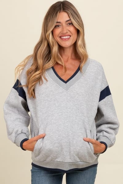 PinkBlush Heather Grey Contrast Sleeve V-Neck Maternity Sweatshirt