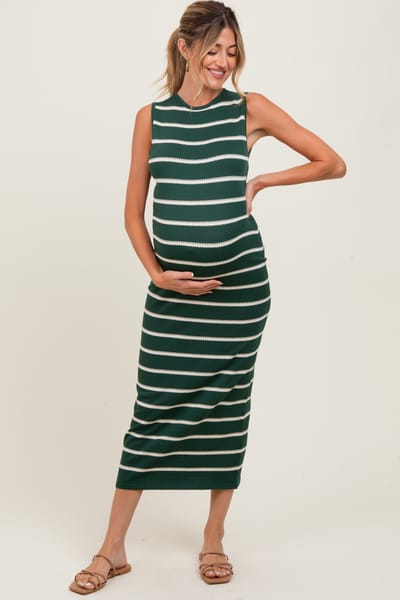 PinkBlush Forest Green Striped Sleeveless Knit Maternity Midi Dress