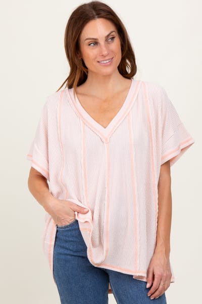 Rhea + Thea Peach Striped Ribbed V-Neck Oversized Short Sleeve Top