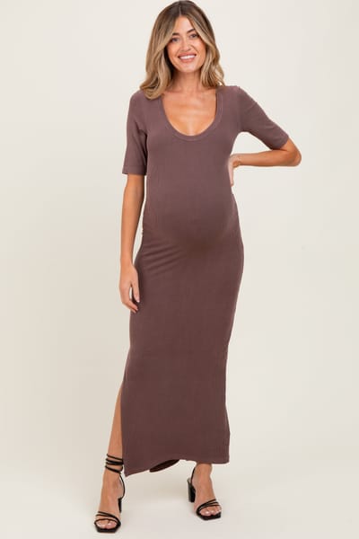 Be Cool Brown Ruched Short Sleeve Side Slit Maternity Midi Dress