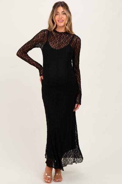 Rhea + Thea Black Lace Mock Neck Long Sleeve Maternity Maxi Dress