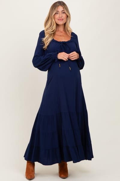 PinkBlush Navy Ruffled Fit And Flare Maternity Maxi Dress