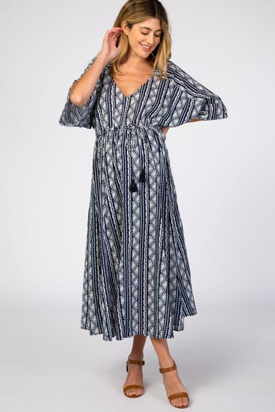PinkBlush Navy Printed V-Neck Maternity Midi Dress