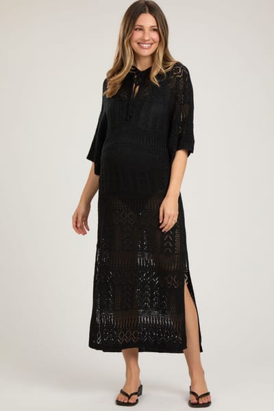 Bluivy Black Open Knit Front Tie Side Slit Midi Maternity Swim Cover Up
