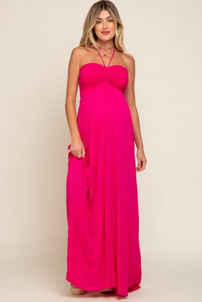 PinkBlush Fuchsia Smocked Halter Maternity Maxi Dress
