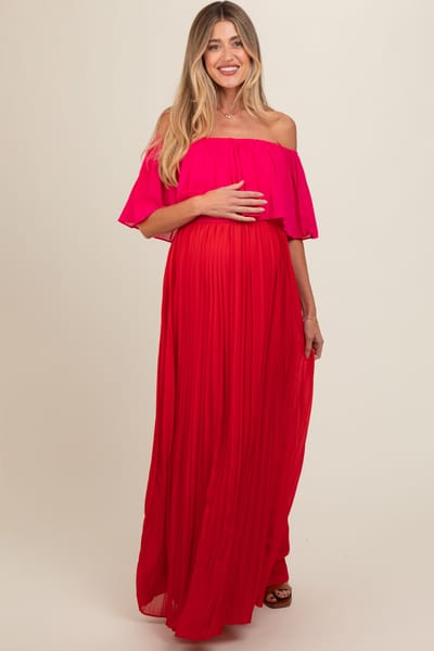 Dress Day Red Pleated Off Shoulder Colorblock Maternity Maxi Dress