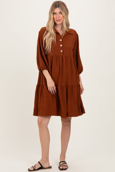 Rhea + Thea Camel Long Sleeve Button Down Collared Tiered Dress