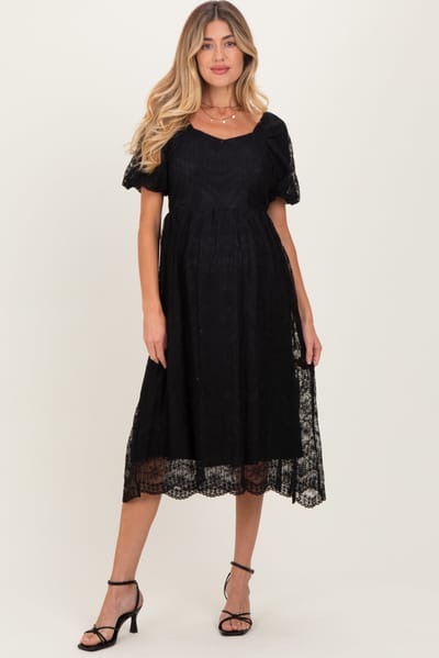 PinkBlush Black Lace Sweetheart Neck Short Sleeve Maternity Midi Dress