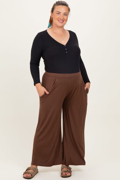 Zenana Outfitters Brown Wide Leg Ankle Maternity Plus Lounge Pants