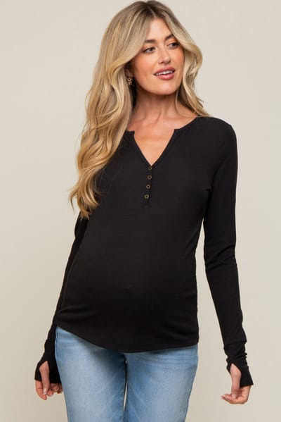 Doe & Rae Black Button Front Long Sleeve Maternity Top