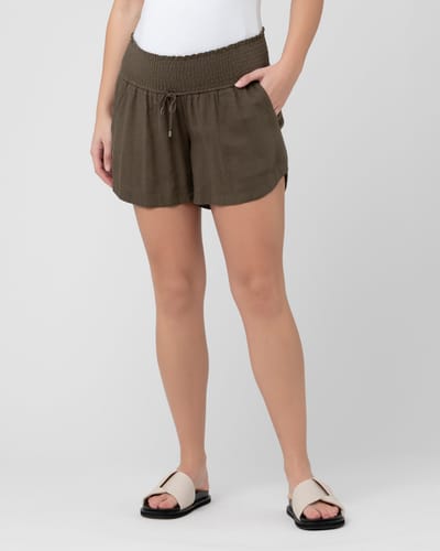 Ripe Maternity Byron Shirred Linen Short  Olive