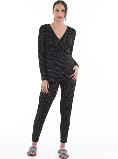 Angel Maternity V-Neck Top and Pants Loungewear/Pajama Set - Black Polka Dot