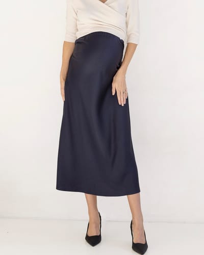 Angel Maternity Sheena Maternity Satin-Finish Midi Work Skirt in Navy