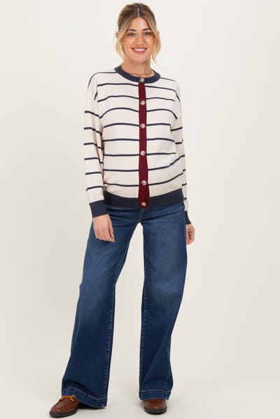 Gilli Oatmeal Striped Relaxed Fit Button Maternity Cardigan