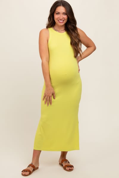 Mitto Yellow Ribbed Maternity Side Slit Tank Dress