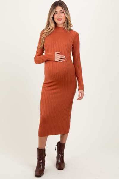 PinkBlush Rust Mock Neck Ribbed Maternity Sweater Dress