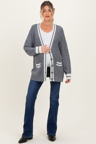 PinkBlush Grey Oversized Contrast Stripe Maternity Button Cardigan