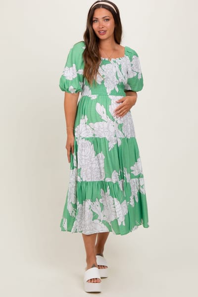 PinkBlush Green Floral Smocked Front Tie Cutout Maternity Maxi Dress