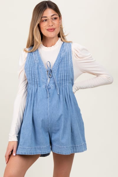 Veveret Light Blue Deep V-Neck Pleated Front Tie Sleeveless Maternity Romper