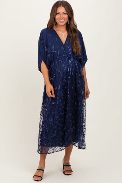 Dress Day Navy Embroidered Tulle Dolman V-Neck Maternity Midi Dress