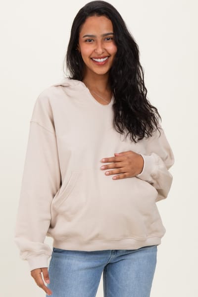 Bluivy Oatmeal Split Neckline Maternity Hoodie