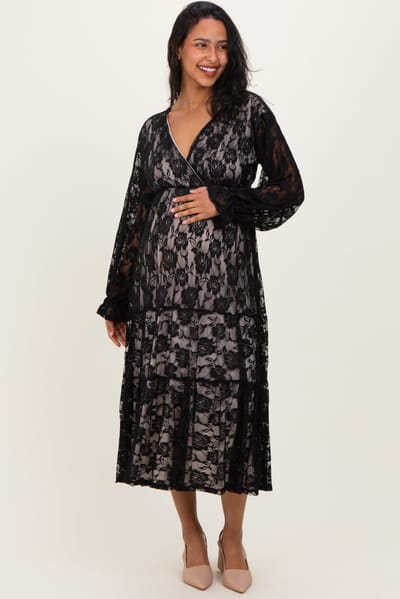 Rhea + Thea Black Floral Lace Long Sleeve V-Neck Maternity Maxi Dress