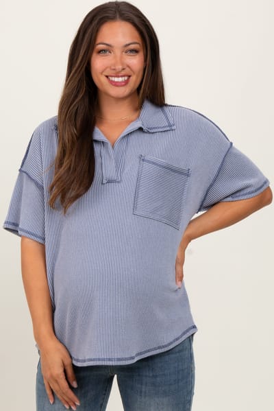 Rhea + Thea Gray Ribbed Reverse Stitch Maternity Tunic Top