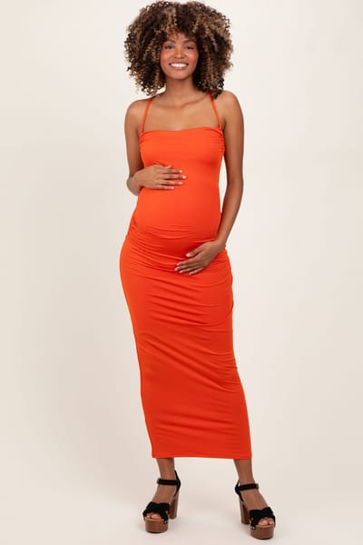 PinkBlush Orange Ruched Double Layered Maternity Maxi Dress