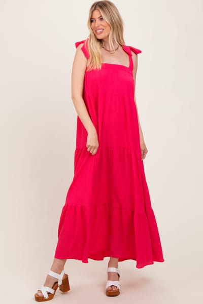 Rhea + Thea Fuchsia Shoulder Tie Tiered Maxi Dress